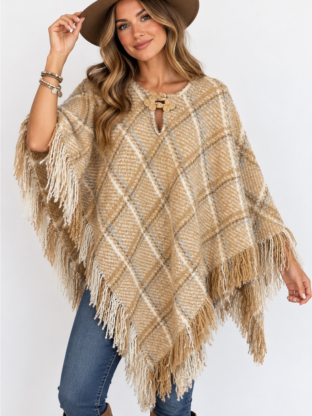 Boyne Valley Weavers Irish Wool Cozy Plaid Fringe Poncho Sweater Shawl one size